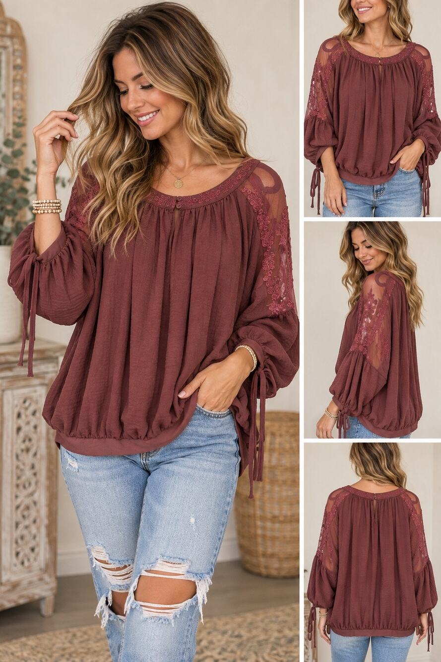 Easel Boho Lace Sleeve Blouse Burgundy Size Large